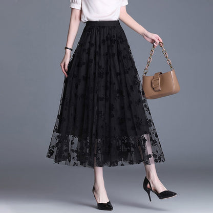 3D Posy Double-Layered Mesh Midi Skirt